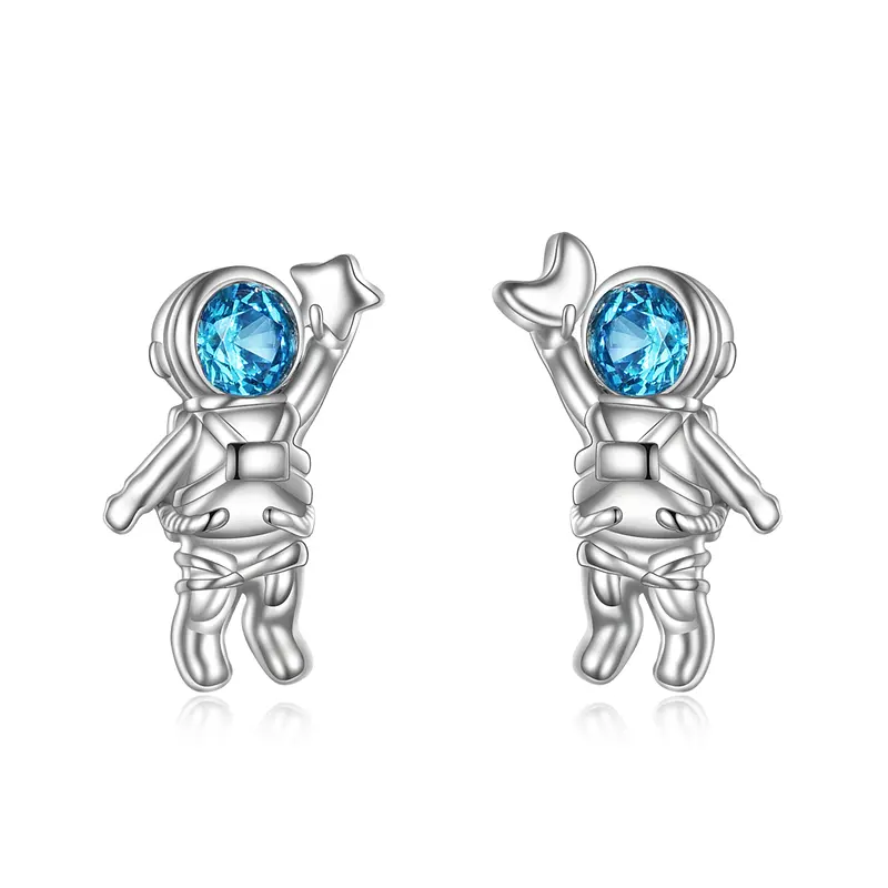 Sterling Silver Circular Shaped Cubic Zirconia Astronaut Stud Earrings