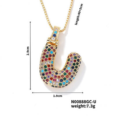 Brass Pave Colorful Cubic Zirconia Letter Pendant Box Chain Necklaces