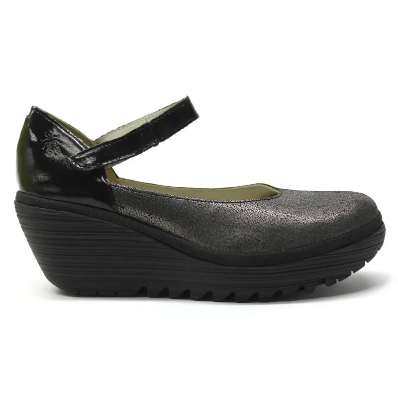 Fly London YAWO345FLY Mousse Leather Women's Hook and loop Shoes - Graphite Black - Size:US 7.5-8 Women