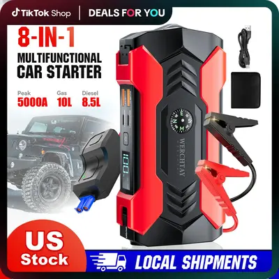 Portable 4000A Car Jump Starter, 12V Battery Booster with LED Display, Emergency Flashlight & USB Power Bank, Jump Box for Al...