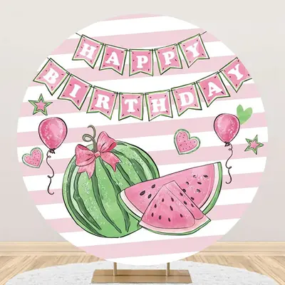 White Pink Stripe Watermelon Round Birthday Backdrop