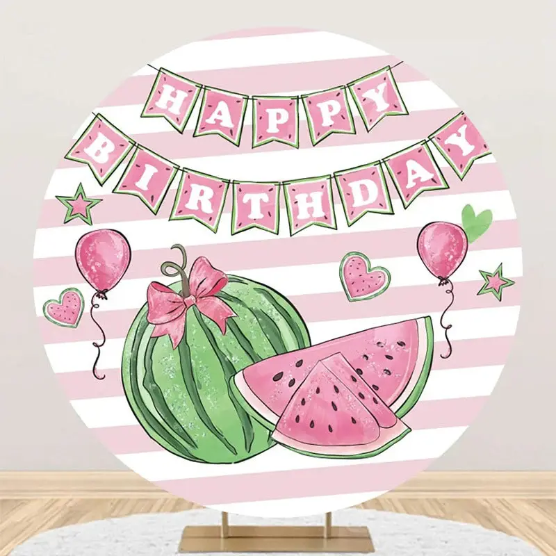 White Pink Stripe Watermelon Round Birthday Backdrop