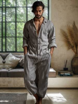 Casual Stripe Linen Blend Jumpsuit, Grey / L