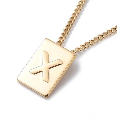 Stainless Steel Initial Letter Rectangle Pendant Necklace for Men Women