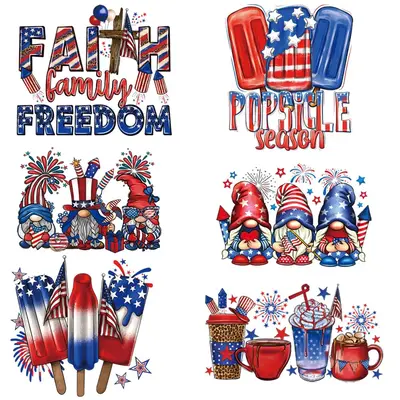 6pcs Independence Day Themed Iron On Decal, 6 Counts/set DIY Heat Transfer Sticker For Clothes, DIY Decoration Thermal Sticke...