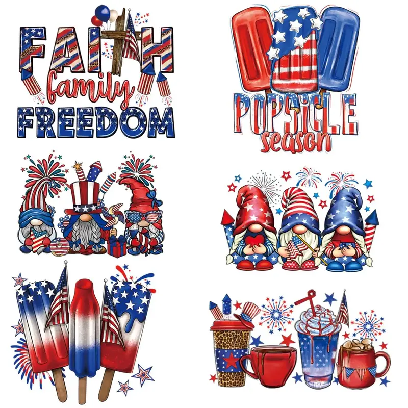 6pcs Independence Day Themed Iron On Decal, 6 Counts/set DIY Heat Transfer Sticker For Clothes, DIY Decoration Thermal Sticke...
