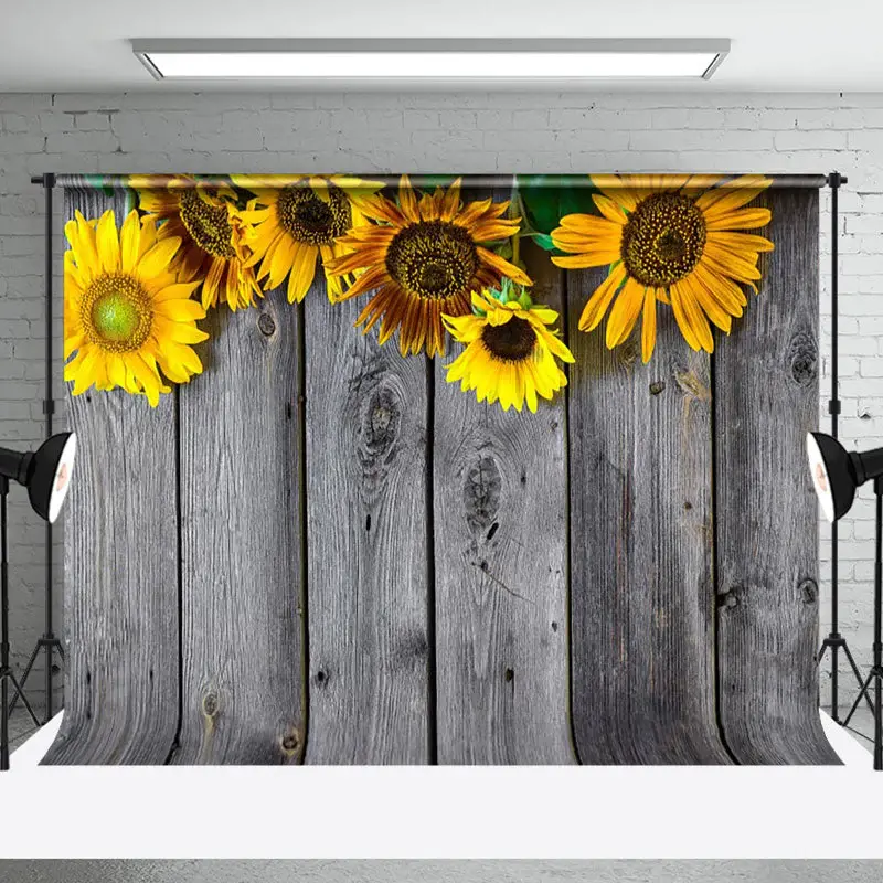 Retro Grey Wood Texture Sunflower Summer Backdrop - Aperturee
