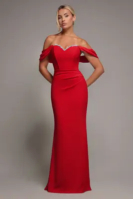 Goddiva Off The Shoulder Draped Sleeve Maxi Dress With Diamante Neckline - Red