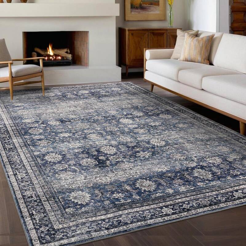 Garvee Oriental Retro Blue 5x7 Vintage Area Rugs with Non-Slip Backing, Machine Washable, Pearl Velvet Soft Surface, Stain-Re...