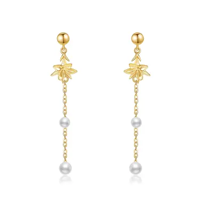 14K Gold Pearl Lily Drop Earrings