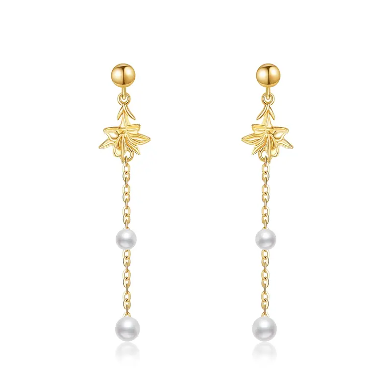 14K Gold Pearl Lily Drop Earrings