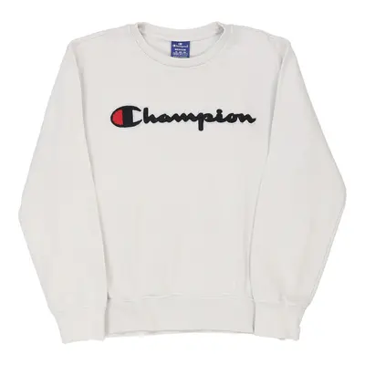 Champion Spellout Sweatshirt - Medium White Cotton Blend