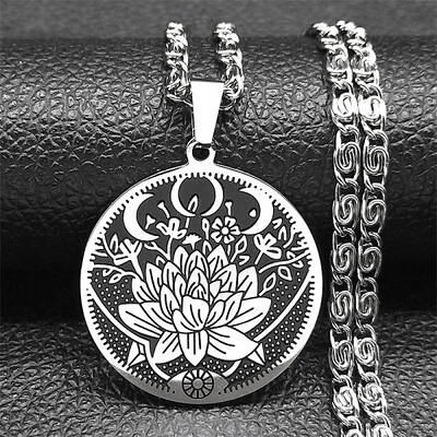 304 Stainless Steel Lunar Lotus Talisman Pendant Necklaces