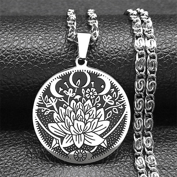 304 Stainless Steel Lunar Lotus Talisman Pendant Necklaces