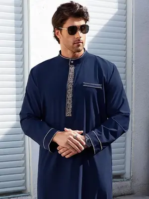 Elegant Navy Blue Thobe for Men | Gold Embroidery Arabic Kaftan with Pocket | Modest Long Sleeve Robe for All Occasions