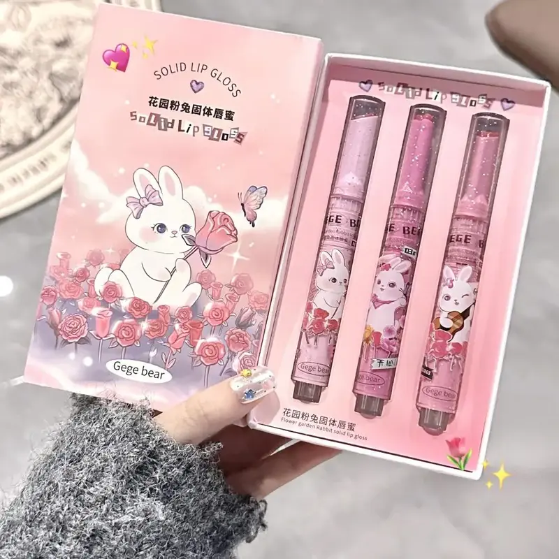 Cute Cartoon Rabbit Design Lip Gloss, 3 Counts/set Juicy Glossy Lipstick, Hydrating Mirror Lip Glaze, Glossy Smoothing Lip Ba...