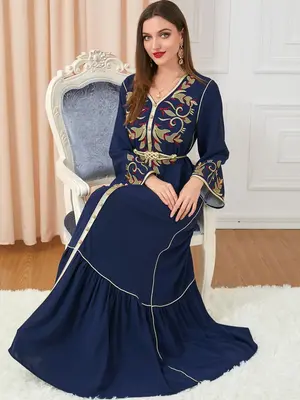 Arabic Clothing-Flounce Sleeve Belted Dress, Dresses for Women, Modest Button Front Ruffle Hem Arabian Dress, Women's Clothin...