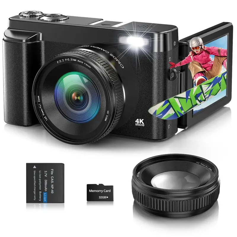 Portable 16x Digital Zoom 4K Digital Camera for Photography, Multipurpose Auto Focus Digital Camera with 3.0 Inch & 180° Fli...