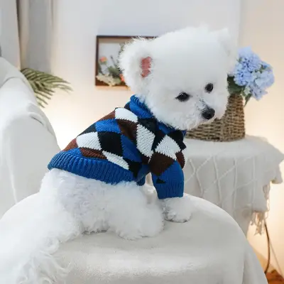 Argyle Pattern Pet Sweater, Casual Two-leg Knitwear for Small Dogs, Warm Dog Clothes for Fall & Winter, Pet Clothing Supplies
