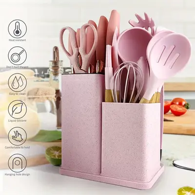 19 high-quality silicone kitchen utensil sets, equipped with wooden handles and chef knives - heat-resistant, non stick pot f...