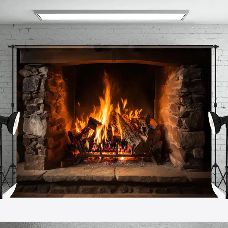 Aperturee Warm Burning Firewood Fireplace Christmas Backdrop - Aperturee