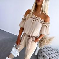 ChicMe Women's Off Shoulder Frill Hem Tied Detail Jumpsuit