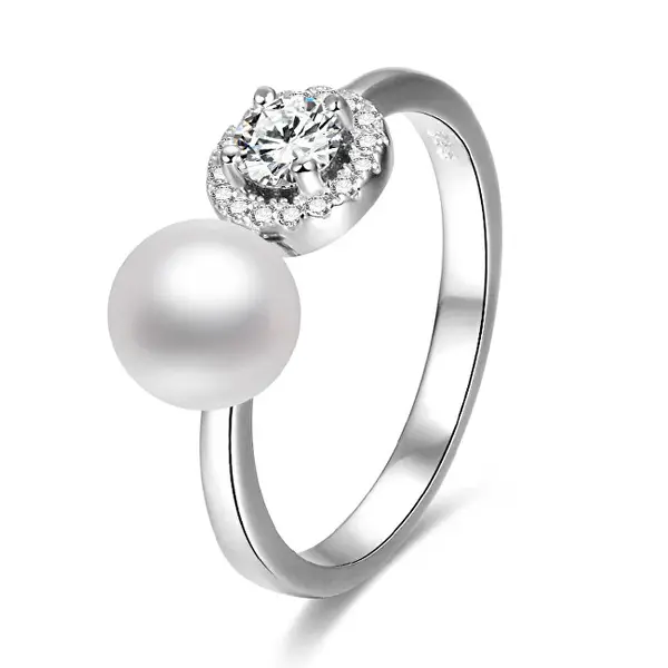 Beneto Open silver ring with zirconia and pearl AGG339 - Size: S (52 - 55 mm)