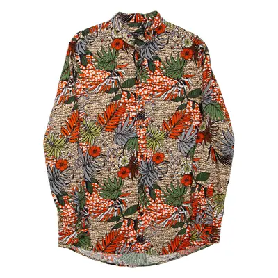 TOKUNOSHIMA Mens Hawaiian Shirt Orange Floral Long Sleeve L