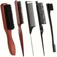 Boar Bristle Hair Brush & Comb Set, 5 Counts/set Hair Styling Tool for Curly & Straight Hair, Heatless Styling Tool for Men &...