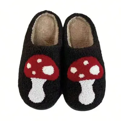 Color Block Mushroom Print Slippers for Winter Women's Anti-Slip House Shoes for Indoor