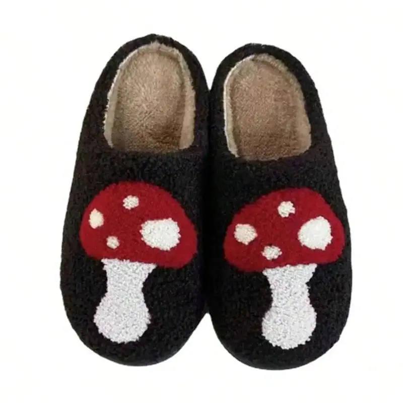 Color Block Mushroom Print Slippers for Winter Women's Anti-Slip House Shoes for Indoor