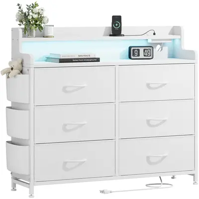 【LaborDaySale】AOWOS Cute 6 Drawer Dresser for Bedroom, Vanity with 6 Large Fabric Drawers, Fabric Dressers with LED Light...