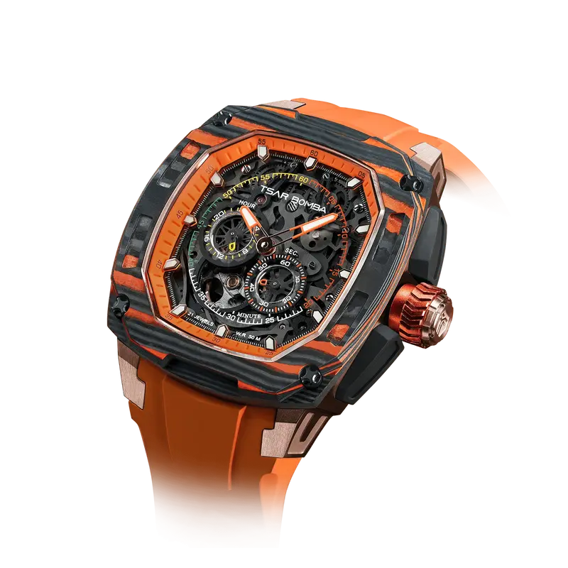 TSAR BOMBA Men's Automatic Watch | Orange | Tonneau Carbon Fiber Bezel | Citizen Miyota 82S7 Movement | 5ATM Waterproof Sport...