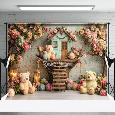 Colorful Floral Tree House Bear Cake Smash Backdrop - Aperturee