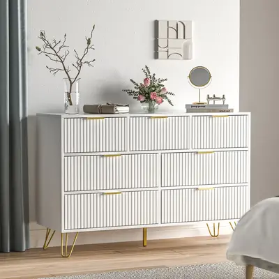 Furniway Dresser for Bedroom, White Bedroom Dresser with 7 Drawers, Modern Wide Dresser with Gold Pulls, White