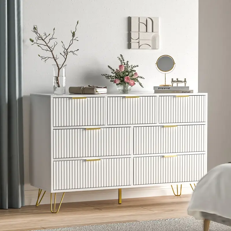 Furniway Dresser for Bedroom, White Bedroom Dresser with 7 Drawers, Modern Wide Dresser with Gold Pulls, White