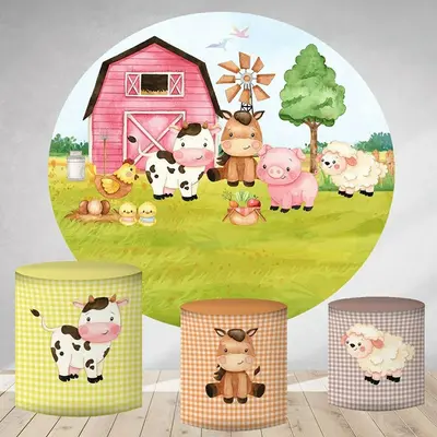 Aperturee Pink House And Animals Round Happy Birthday Backdrop | Round Backdrop Cover Diy | Round Party Backdrop | Custom Rou...
