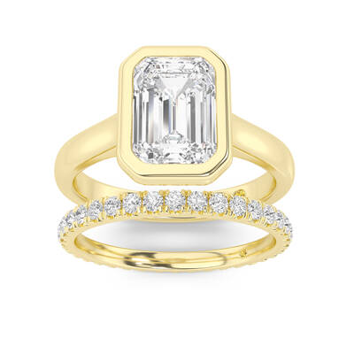 Secret Kiss Lab Grown Emerald Cut Diamond Engagement Ring with the Envoi Wedding Band | 18K Yellow Gold 3 ct. tw.