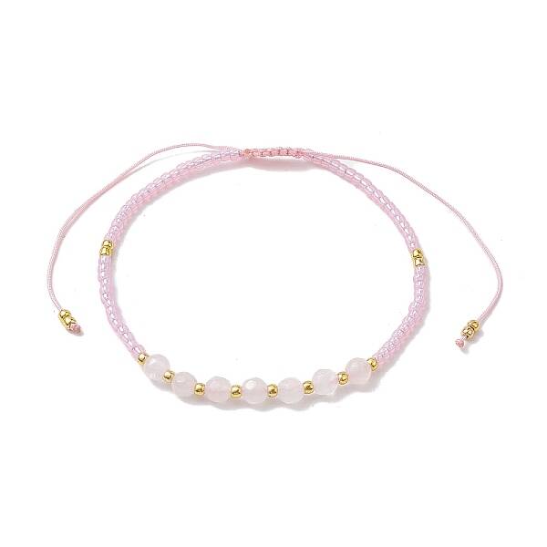Adjustable Natural Rose Quartz & Seed Braided Bead Bracelets