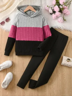 Two-piece Set Girl's Colorblock Ribbed Hoodie & Elastic Waist Pants, Casual Long Sleeve Hooded Pullover & Pants for Fall & Wi...