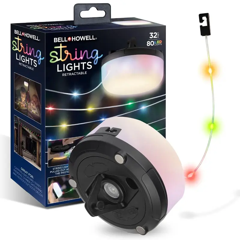 32' Holiday String Lights - Retractable USB-C Rechargeable , 80 LED Color-Changing, Magnetic Base, Flashlight, Built-in Hook,...