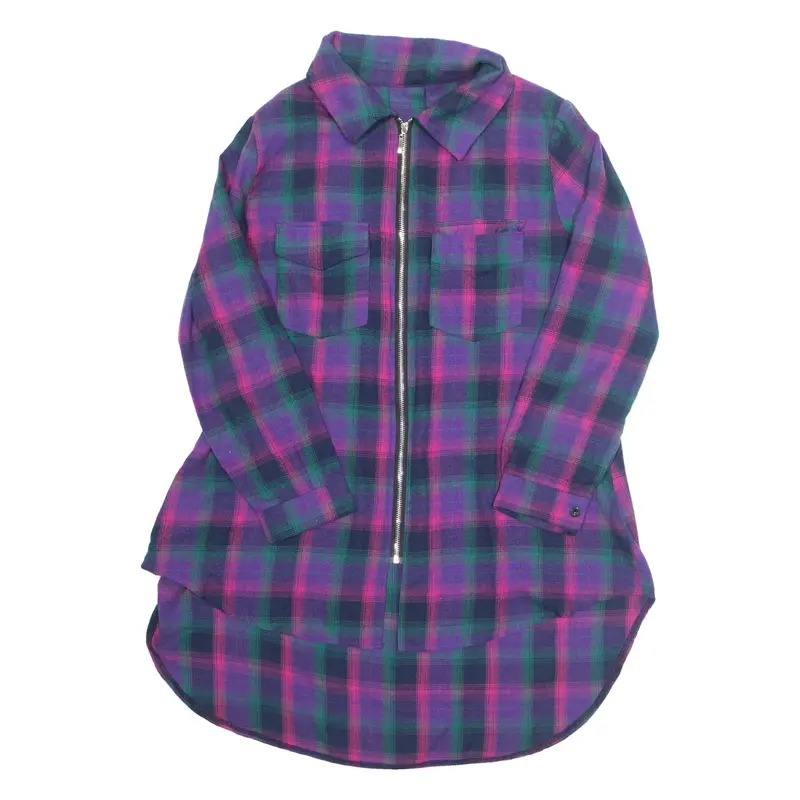 Hi-Low Zip Up Womens Shirt Purple 90s Check Long Sleeve M