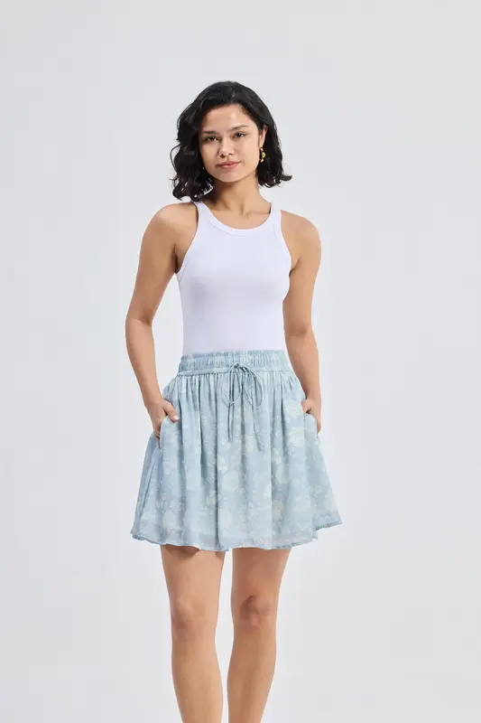 Drawstring Short Skirt in Blue Florals | Color: Floral Whispers | Size: 3XL