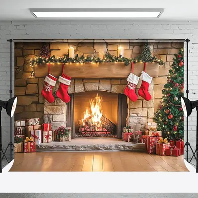 Aperturee Indoor Room Fireplace Sock Gifts Christmas Backdrop - Aperturee