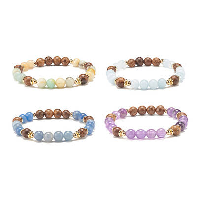 Natural Wenge Wood & Gemstone Beaded Stretch Bracelet