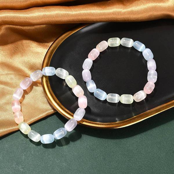 Dyed Natural Selenite Column Beaded Stretch Bracelets for Women