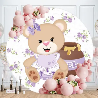 Aperturee Purple Bear Round Girls Baby Shower Backdrop