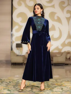 Arabic Clothing-Women's Rhinestone Decor Belted Velvet Arabian Dress, Elegant Long Sleeve Mock Neck A Line Dress for Party Ho...