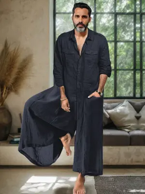 Casual Loose Linen Blend Jumpsuit, Navy Blue / L