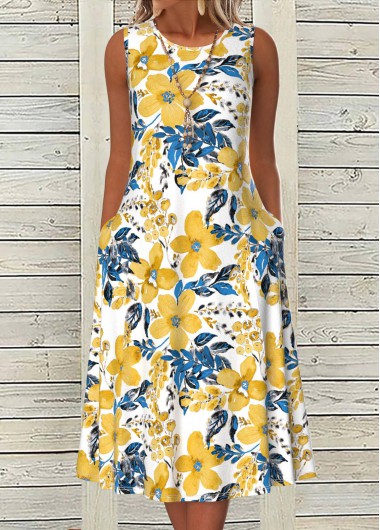 Modlily White Tummy Control Floral Print Sleeveless Round Neck Dress - L